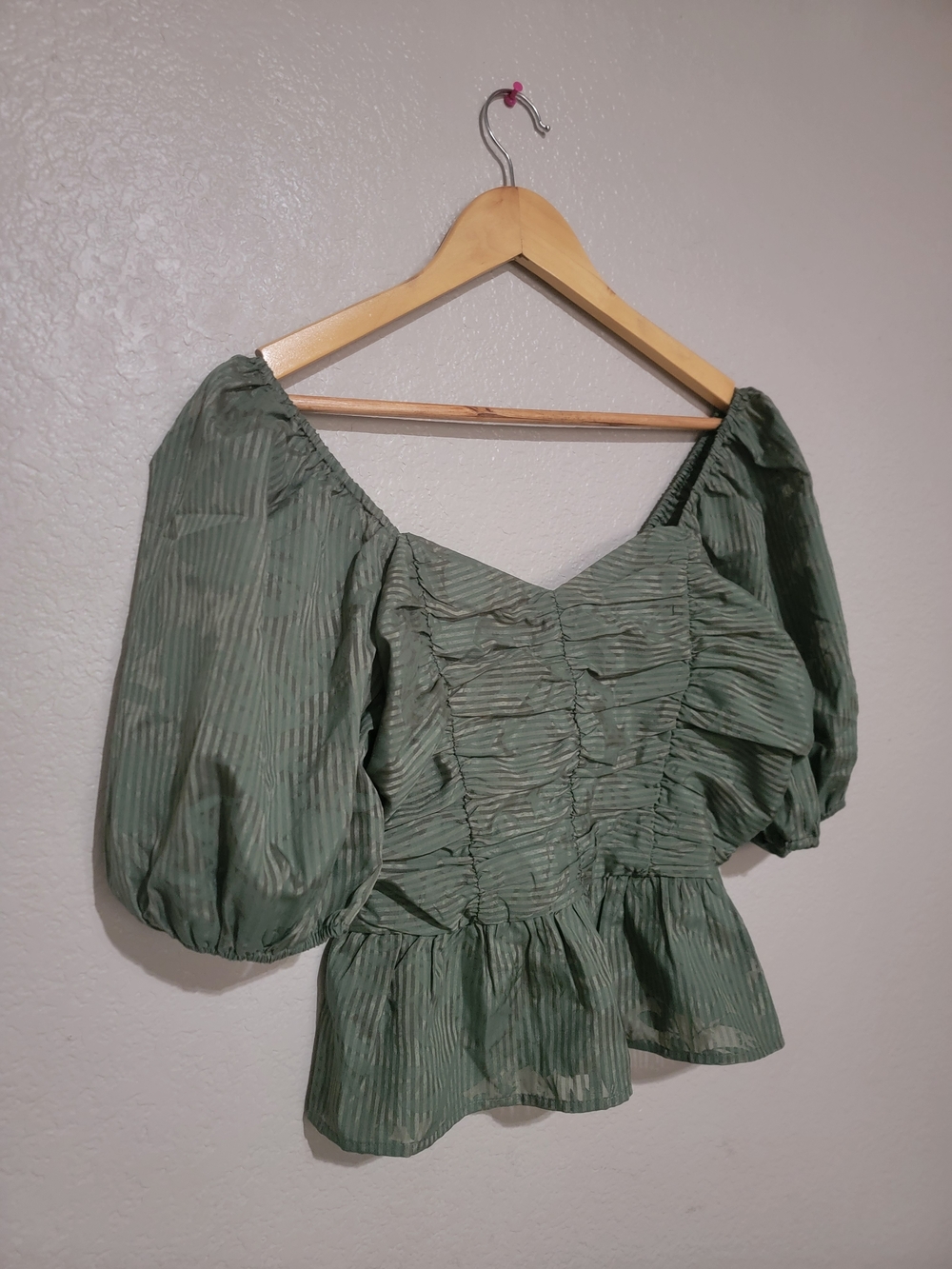 Express Sage Green Puff Sleeve Ruched Peplum Blouse
